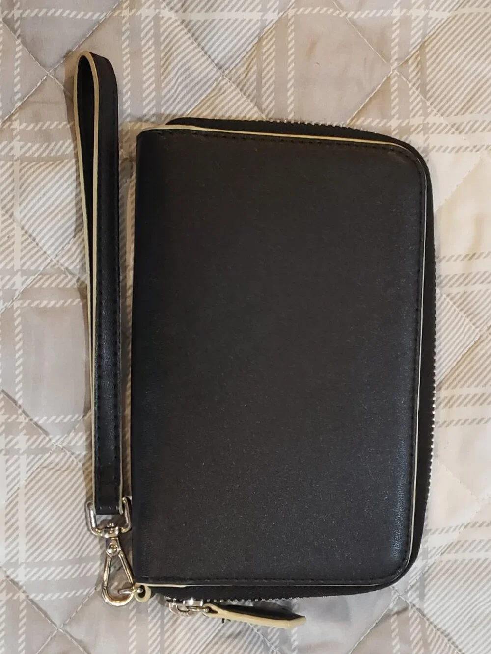 Vera Bradley Black Faux Leather Zip around wristlet wallet with wrist strap